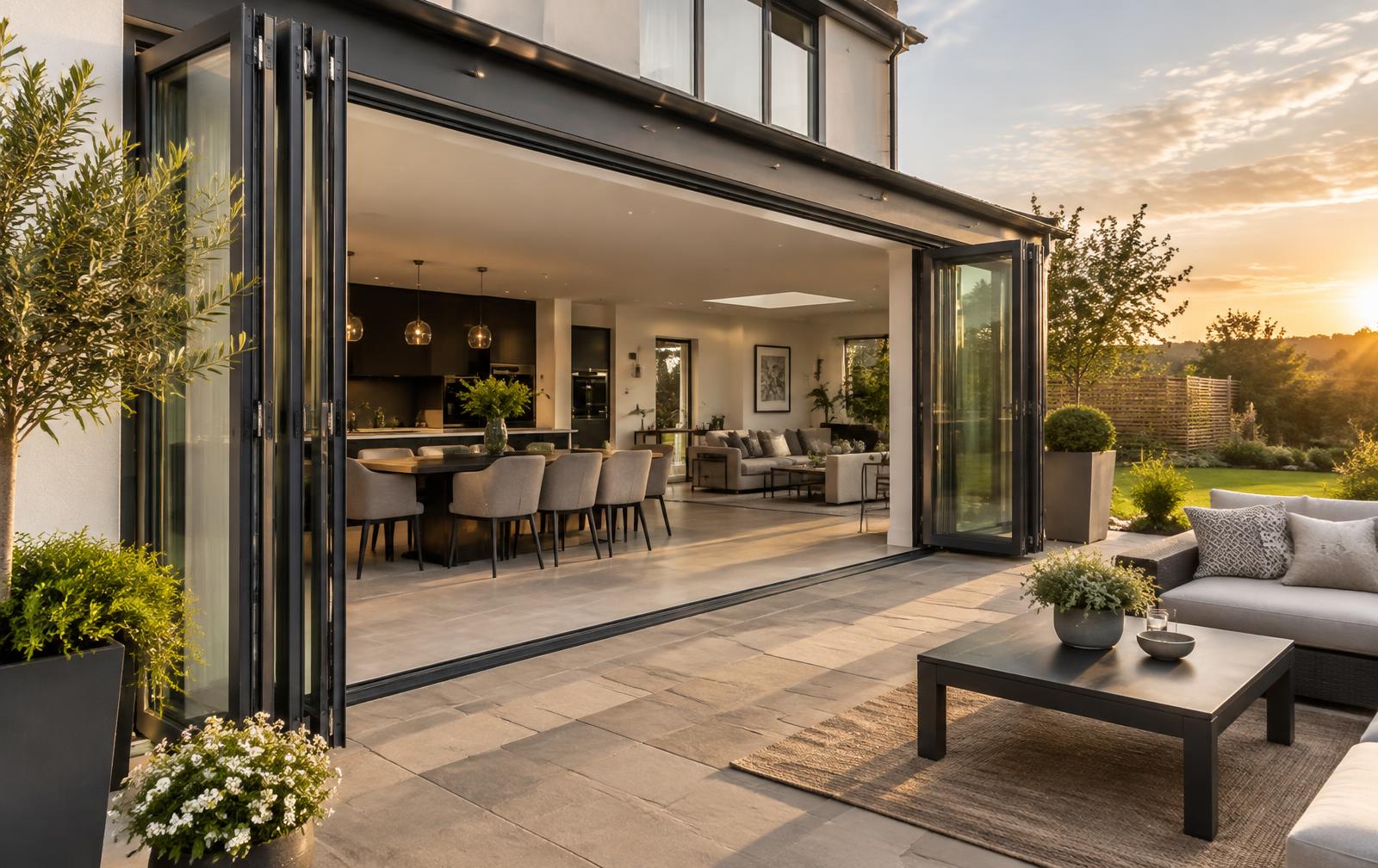 Open aluminium bifold doors leading onto a garden patio at sunset